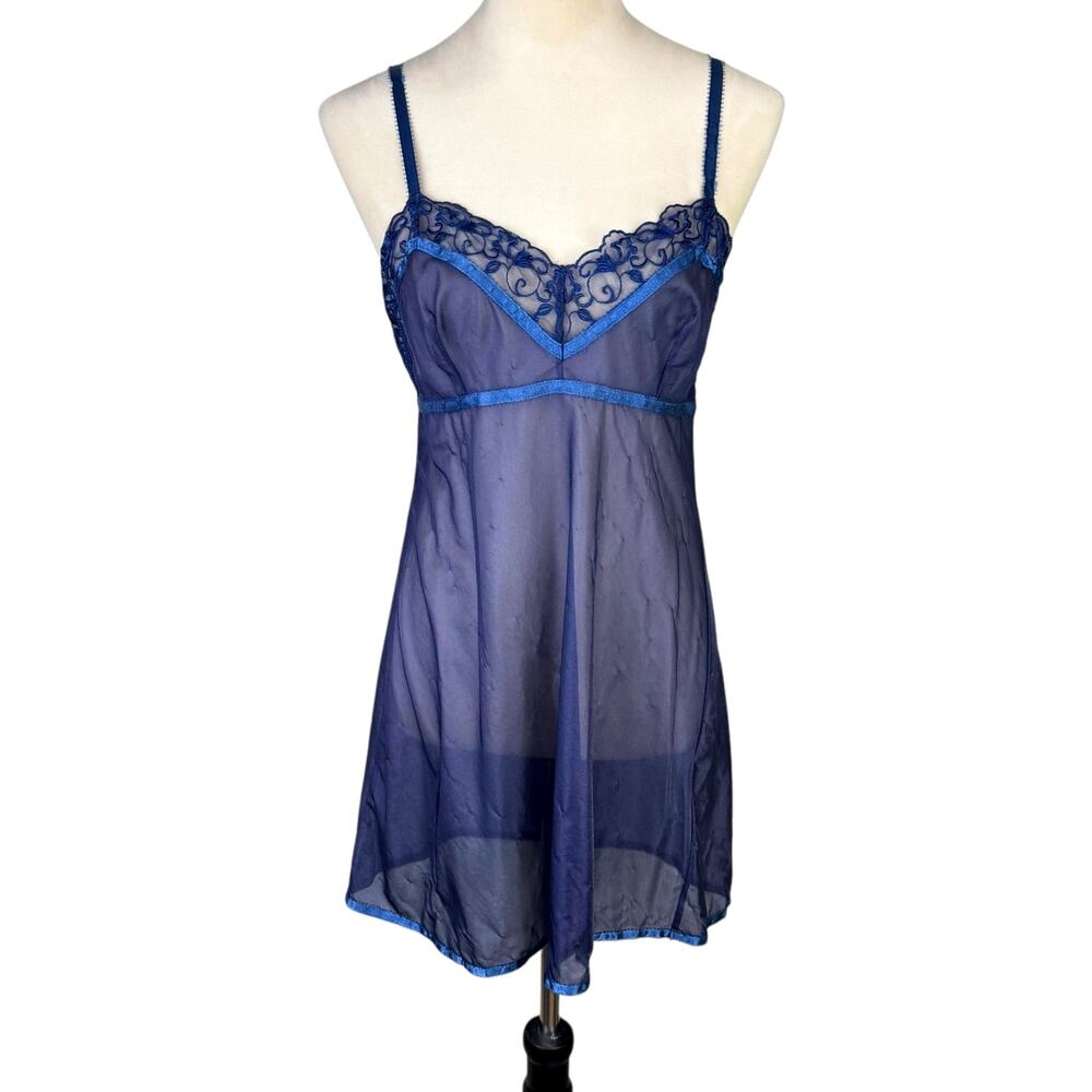 Victorias Secret Blue Sheer Floral Embroidered Ribbon Trim Lacy Lingerie Top